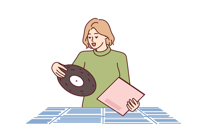 Une femme choisit un disque vinyle en magasin pour les collectionneurs de musique rétro et les amateurs d'audio analogique  Illustration