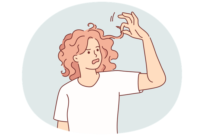Une femme rencontre des problèmes de cheveux et a besoin de l'aide d'un styliste ou de l'achat d'un shampoing de qualité  Illustration