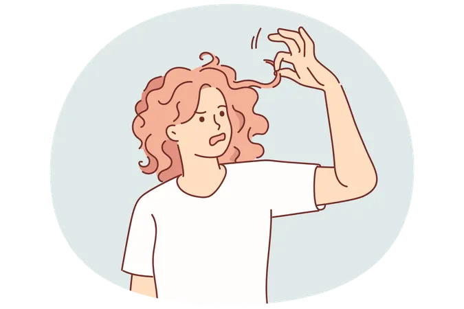 Une femme rencontre des problèmes de cheveux et a besoin de l'aide d'un styliste ou de l'achat d'un shampoing de qualité  Illustration