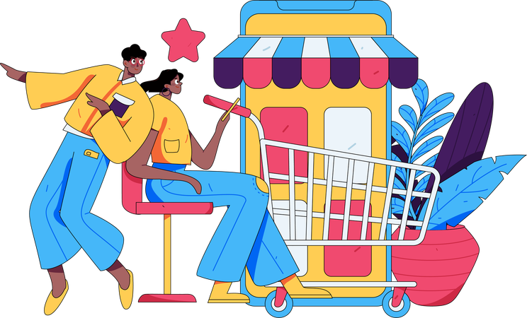 Une femme convainc son mari de faire des achats en ligne  Illustration