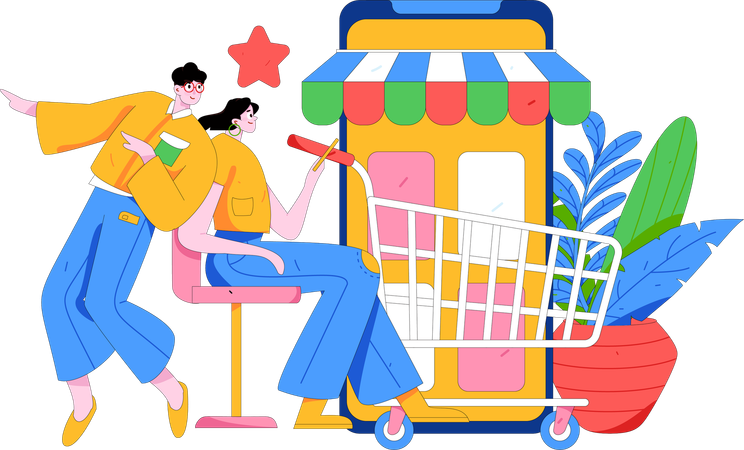 Une femme convainc son mari de faire des achats en ligne  Illustration