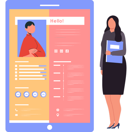 Une femme d'affaires regarde le portfolio du candidat  Illustration