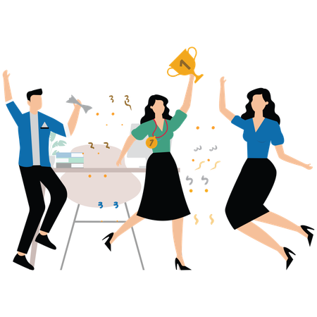 Une femme d'affaires tient un trophée gagnant avec son équipe célébrant, symbolisant le leadership et le succès de l'équipe  Illustration