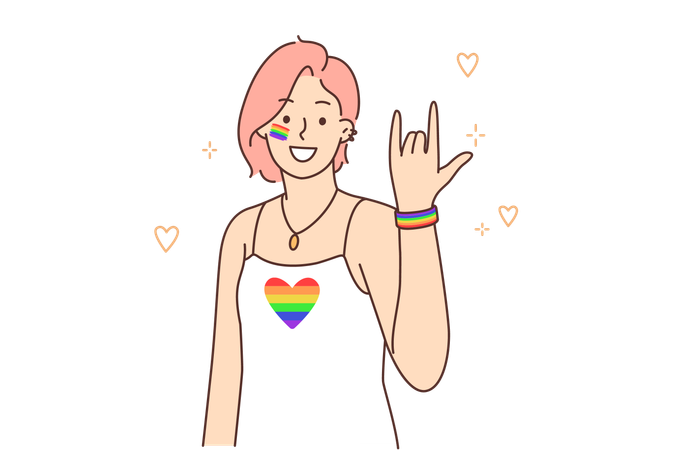 Une femme de la communauté LGBT avec un drapeau arc-en-ciel sur un t-shirt appelle à participer à un événement de fierté  Illustration