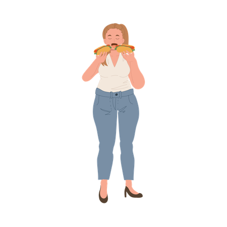 Une femme de grande taille savoure joyeusement son repas de restauration rapide  Illustration