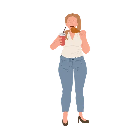 Une femme de grande taille savoure joyeusement son repas de restauration rapide  Illustration