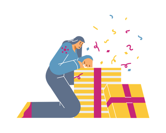 Une femme déballe une boîte contenant un cadeau ou un cadeau d'anniversaire  Illustration