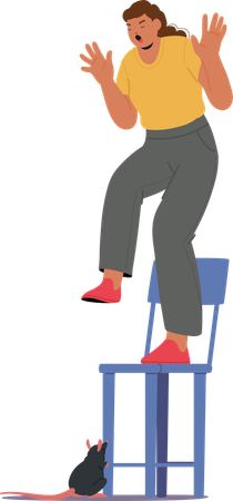 Une femme debout sur une chaise a peur alors qu'une souris s'approche  Illustration