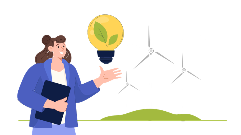 Une femme développe des idées pour augmenter l’utilisation de l’énergie éolienne dans les industries  Illustration