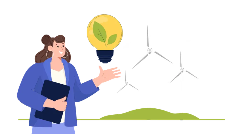 Une femme développe des idées pour augmenter l’utilisation de l’énergie éolienne dans les industries  Illustration