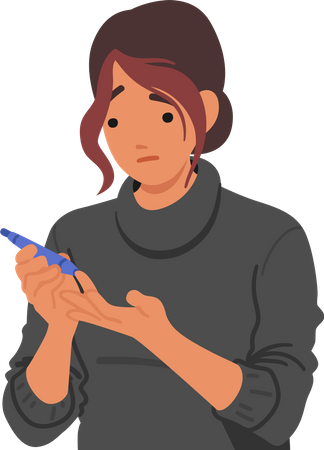 Une femme diabétique utilise un stylo à piqûre au doigt pour vérifier la glycémie à des fins de gestion  Illustration