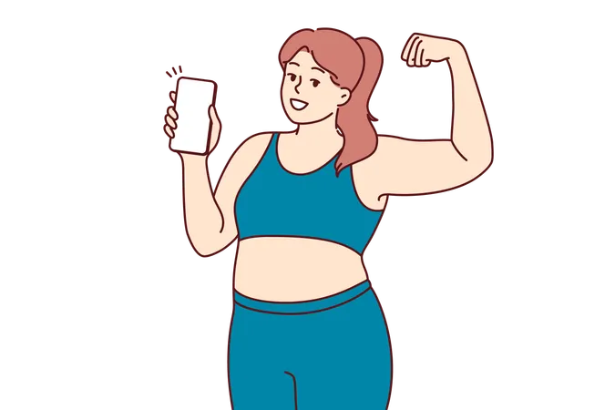 Une femme dodue en vêtements de fitness montre ses biceps et encourage l'utilisation d'un téléphone portable avec des applications sportives  Illustration