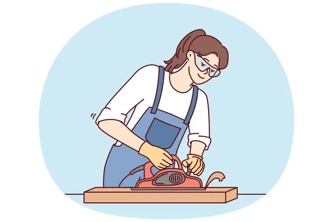 Une ébéniste utilise une dégauchisseuse pour traiter les planches de bois nécessaires à la création de meubles  Illustration