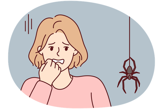 Une femme effrayée porte sa main à son visage et voit une grosse araignée descendre du plafond le long de sa toile  Illustration