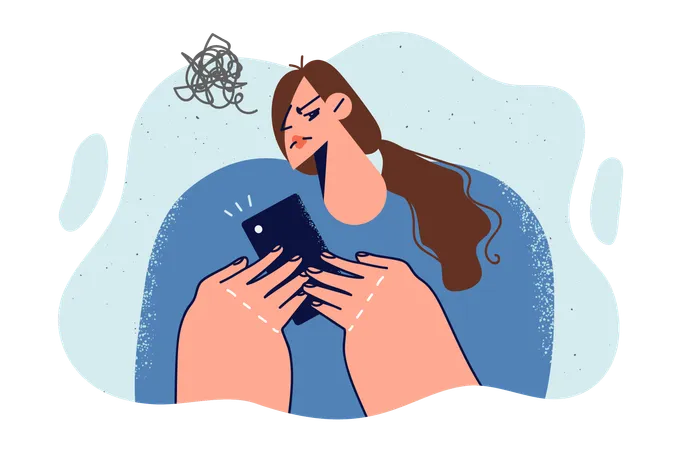Une femme embarrassée, avec son téléphone dans les mains, éprouve des doutes après avoir reçu des SMS suspects d'escrocs  Illustration