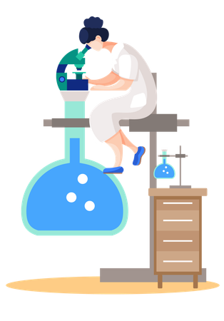 Une femme en blouse blanche et masque travaille avec un microscope et un tube à essai Illustration