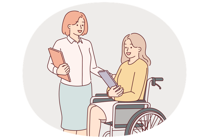 Une femme en fauteuil roulant à côté de collègues qui aident les personnes handicapées à accomplir leurs tâches professionnelles  Illustration