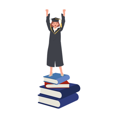 Une femme en robe de remise de diplôme se tient avec confiance sur une pile de livres avec la victoire lors de la remise des diplômes.  Illustration