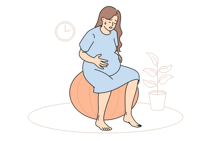 La femme enceinte ressent des contractions et le travail approche  Illustration