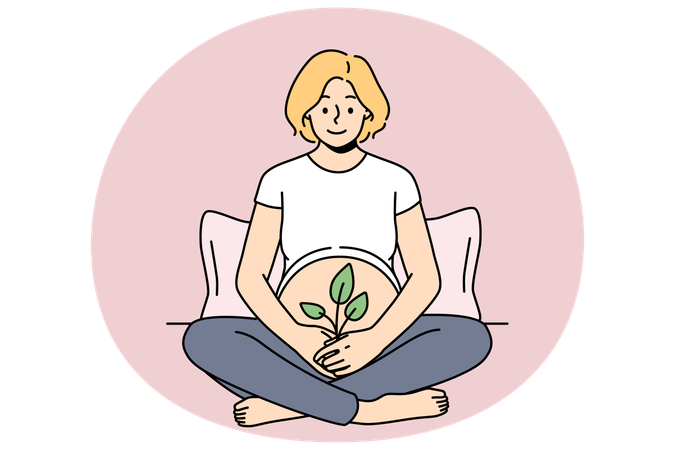 Une femme enceinte tient une plante sur son ventre  Illustration
