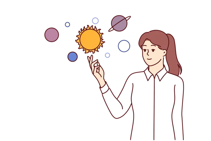 Une femme étudie l’espace et le système solaire pour faire des prévisions astrologiques pour l’avenir  Illustration