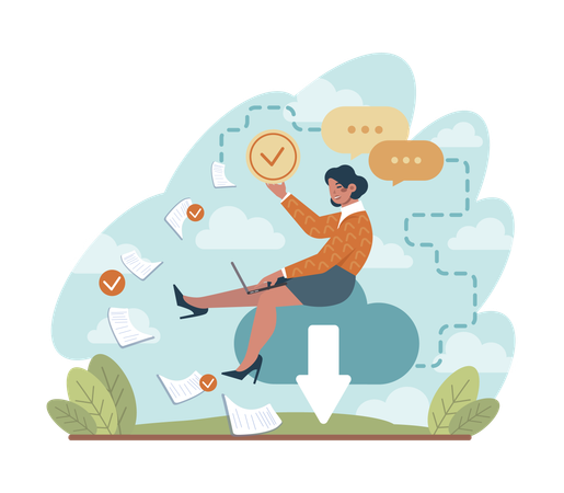Une femme fait un téléchargement dans le cloud  Illustration