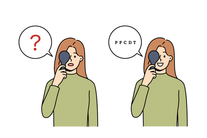 Une femme effectue un test oculaire en fermant un œil et en lisant des lettres et en comparant les résultats à l'aide de lentilles.  Illustration