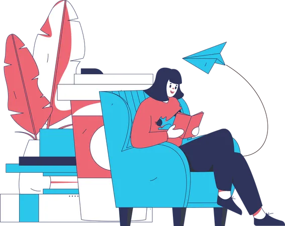 Une femme prend une pause dans la lecture d'un livre  Illustration