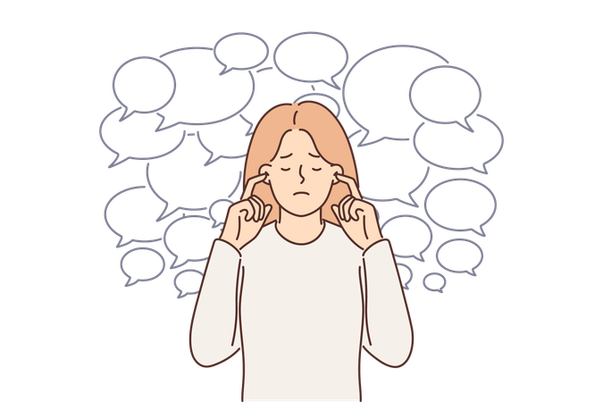 Une femme frustrée ne veut pas entendre les opinions des autres et ferme les oreilles à la propagande  Illustration