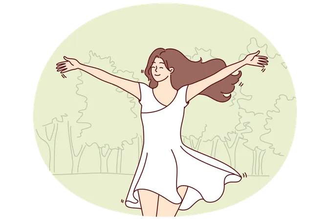 Une femme heureuse court dans un parc vêtue d'une robe blanche fluide et profite du temps chaud de l'été  Illustration