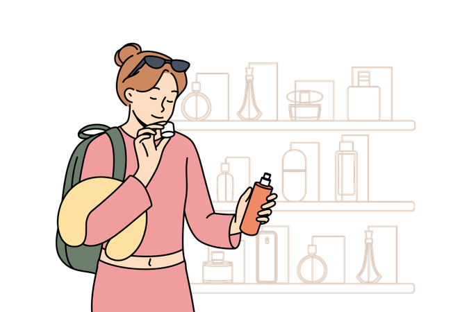 Une femme inhale l'arôme d'un parfum en se tenant près du comptoir d'un magasin vendant des cosmétiques et des parfums coûteux  Illustration