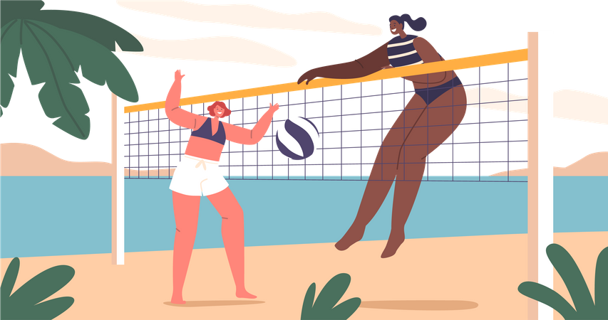 Une femme joue au beach-volley sur les rives de sable  Illustration