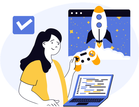 Une femme lance un nouveau jeu en ligne  Illustration