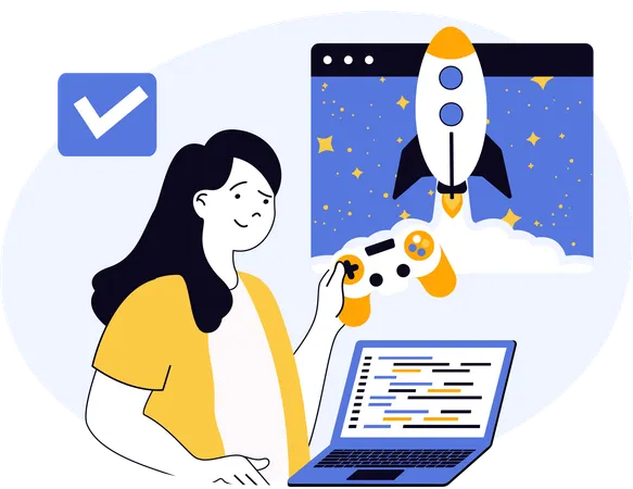 Une femme lance un nouveau jeu en ligne  Illustration