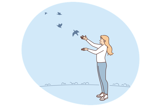 Une femme libère des pigeons et des oiseaux en liberté pour un concept d'espoir et de foi dans un avenir heureux  Illustration