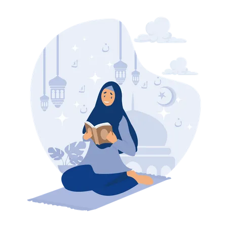 Une femme lit le Coran pendant le Ramadan  Illustration