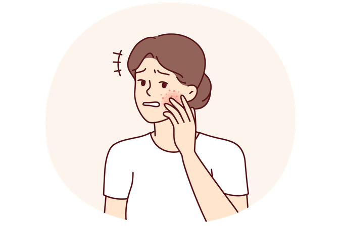Une femme malheureuse a peur après avoir vu des rougeurs sur son visage souffrant d'allergies  Illustration