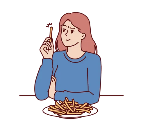 Une femme mange des frites sans penser aux risques sanitaires liés à la restauration rapide  Illustration