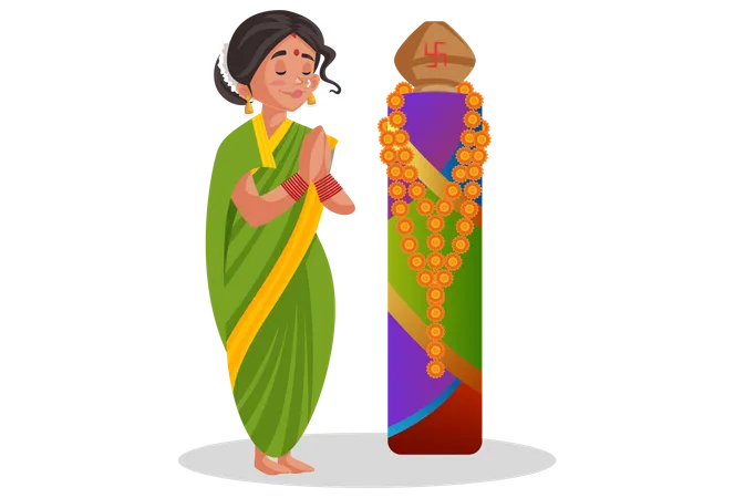 Une femme marathi fait du culte  Illustration