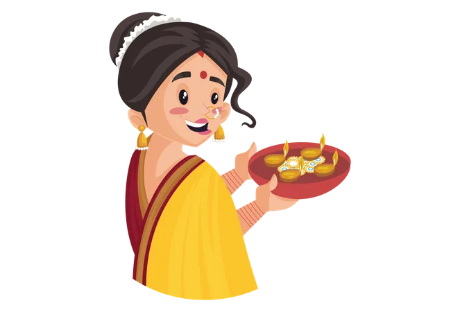 Une femme indienne marathi tient l'assiette Diya à la main  Illustration