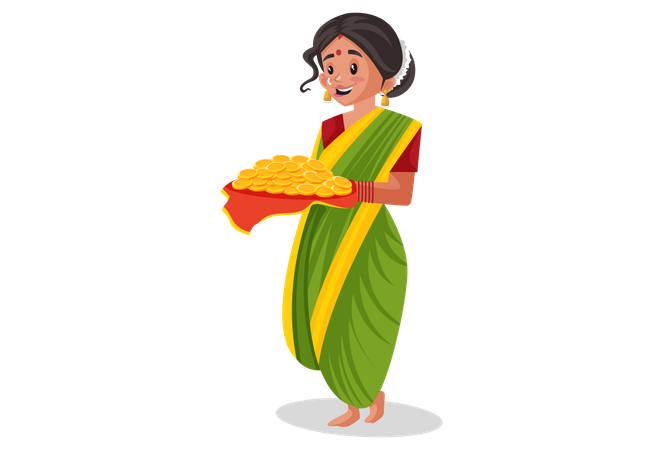 Une femme indienne marathi tient une plaque de pièces d'or dans les mains  Illustration