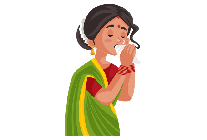 Une femme marathi souffle dans une coquille de conque  Illustration