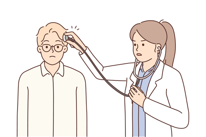 Une femme médecin met un stéthoscope sur la tête du patient pour le concept de traitement des maux de tête  Illustration