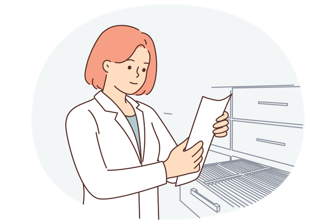 Une femme médecin se trouve dans les archives de l'hôpital et sort le questionnaire du patient du placard  Illustration