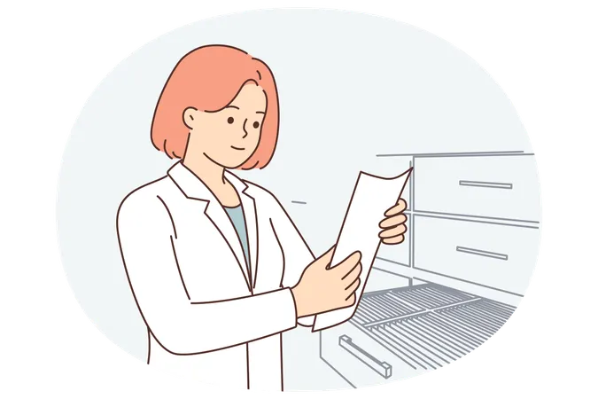 Une femme médecin se trouve dans les archives de l'hôpital et sort le questionnaire du patient du placard  Illustration