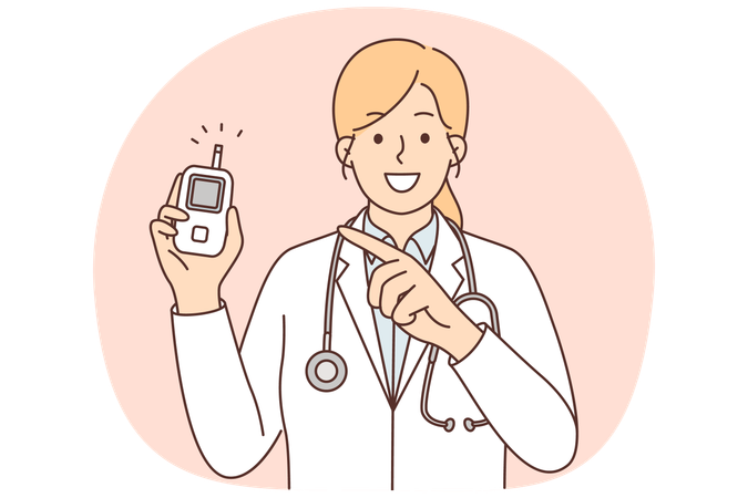 Une femme médecin tient un glucomètre pour mesurer l'augmentation de l'insuline chez les patients diabétiques  Illustration