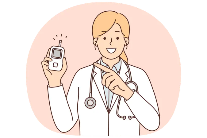 Une femme médecin tient un glucomètre pour mesurer l'augmentation de l'insuline chez les patients diabétiques  Illustration