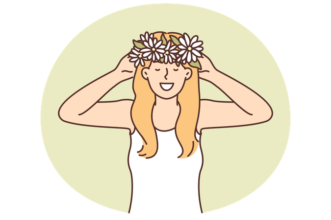Une femme porte sur sa tête une couronne de fleurs printanières cueillies dans un pré et se réjouit de l'arrivée du temps chaud  Illustration