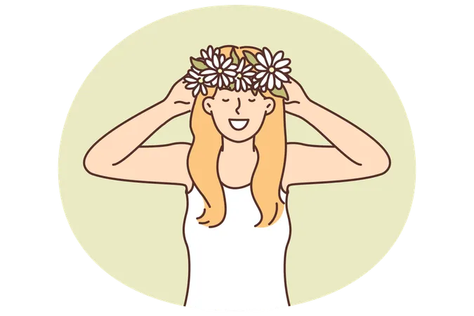 Une femme porte sur sa tête une couronne de fleurs printanières cueillies dans un pré et se réjouit de l'arrivée du temps chaud  Illustration