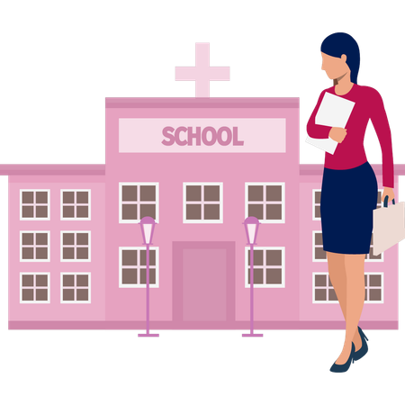 Une femme montre du doigt une école chrétienne  Illustration